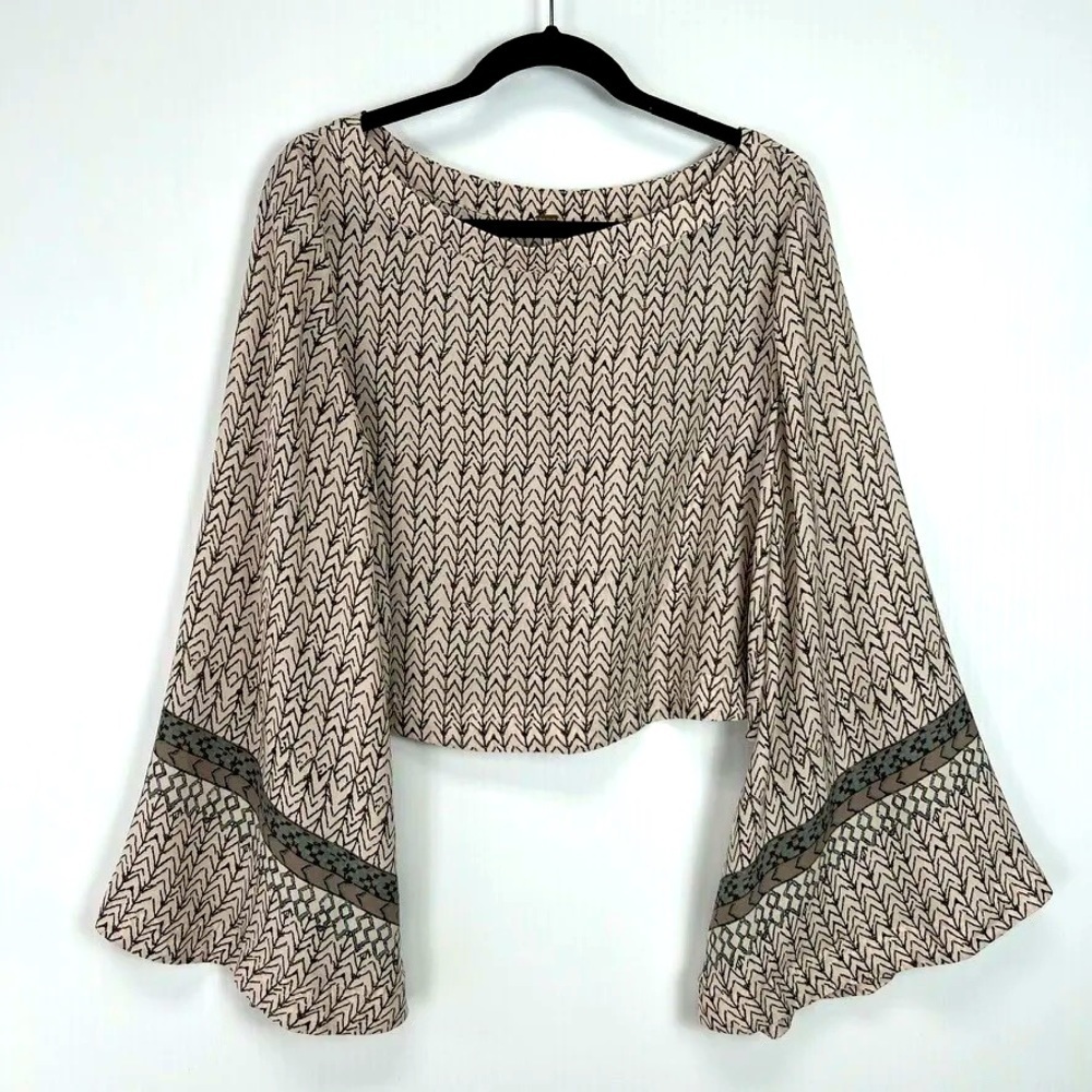 Free People Blouse Womens Butterfly Sleeve Boat Neck Boho Crop Beige​​
